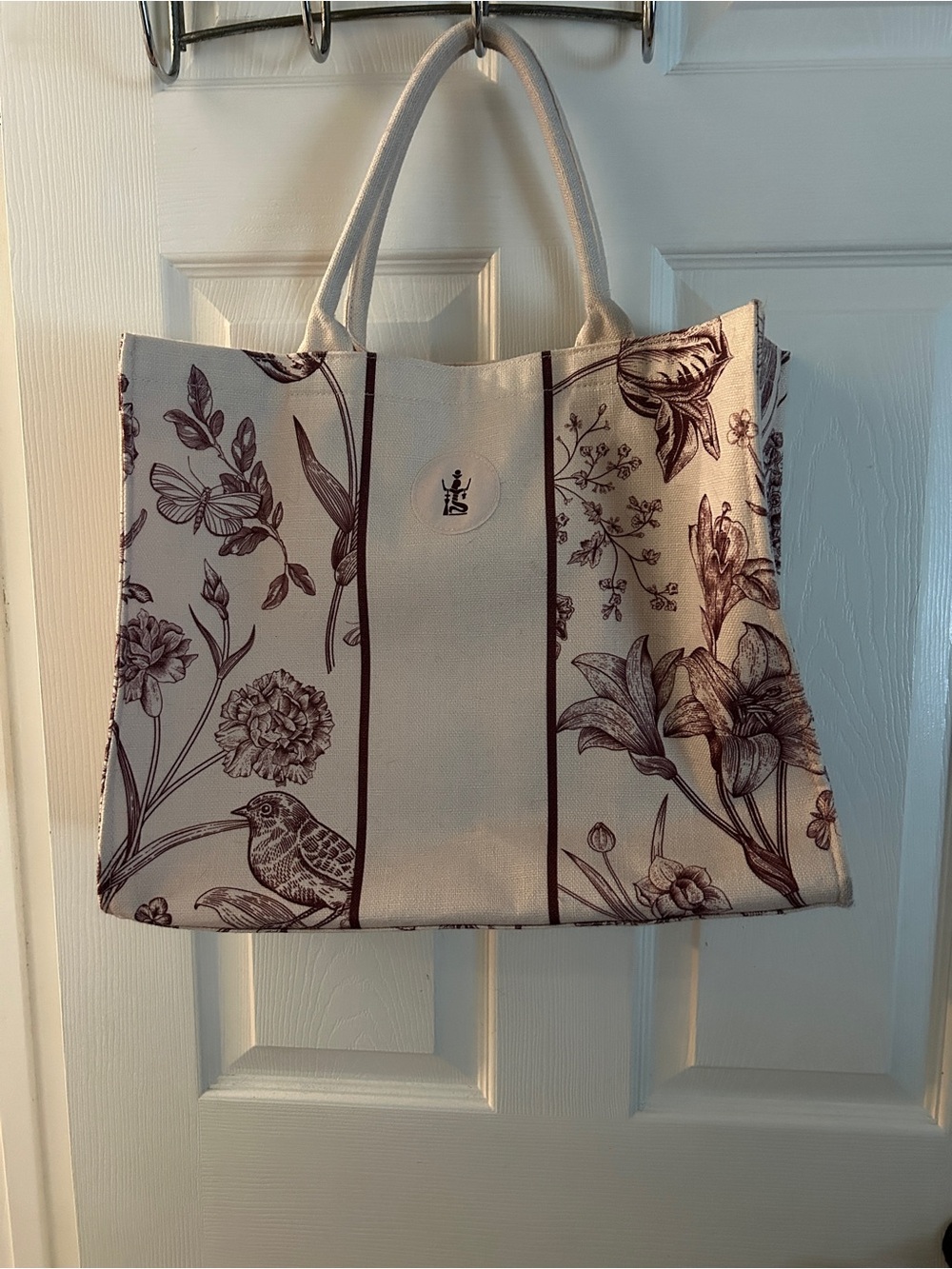 Canvas Organic Floral Tote Bag in Cream and Purple